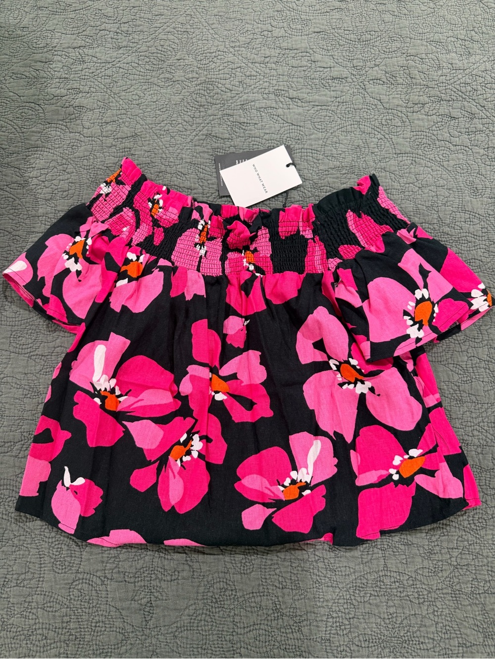 Who What Wear Pink and Black Floral Off-Shoulder Crop Top